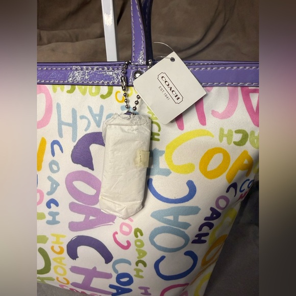Coach Purple & White Satin Multi-Color Graffiti Tote Bag # C1282-F19419 NWT - Picture 3 of 6